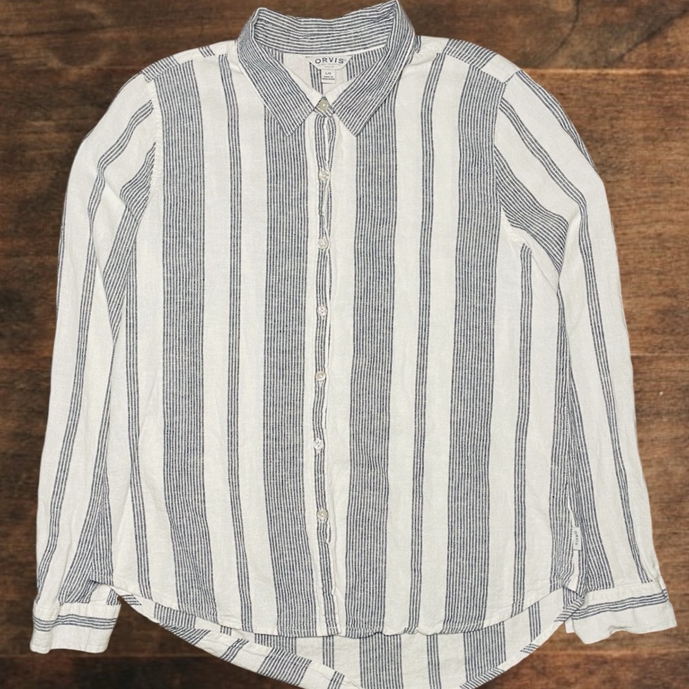 ORVIS Shirt Womens Large White Gray Striped Linen Rayon Long Sleeve Button Up